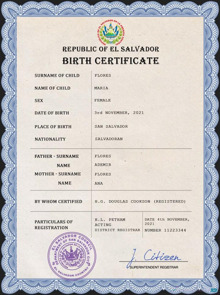 Download El Salvador vital record birth certificate PSD template Photoshop template